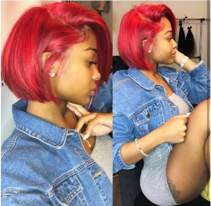 Partially Divided Big Red Bob Short Hair Wig for Women