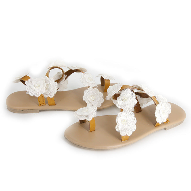 Women Summer Pu Flower Sandals Flat Ankle Strap Large Size