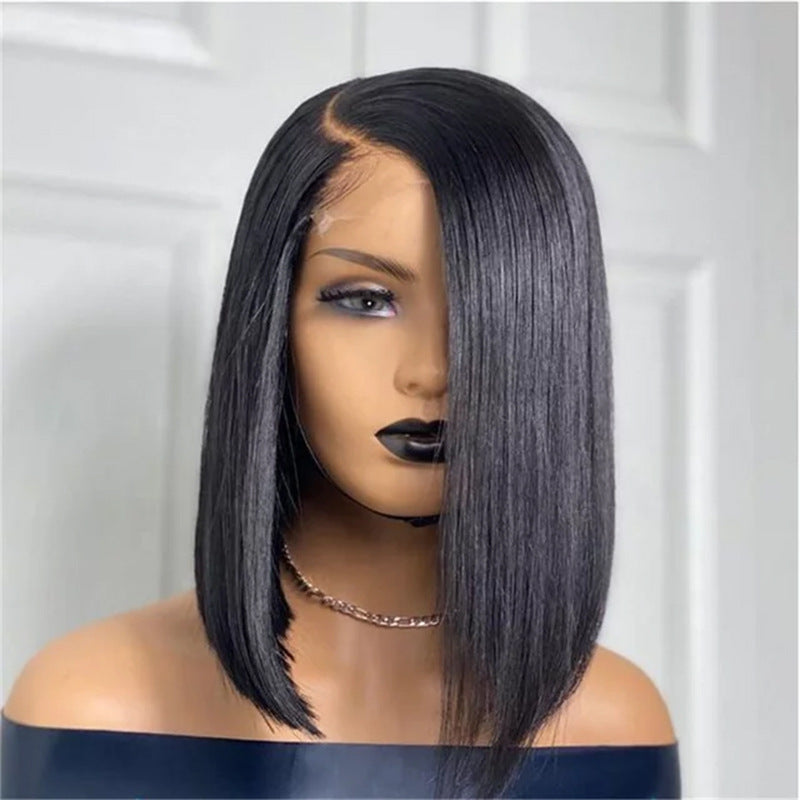 Split Front Lace Wig Black Short Straight Synthetic