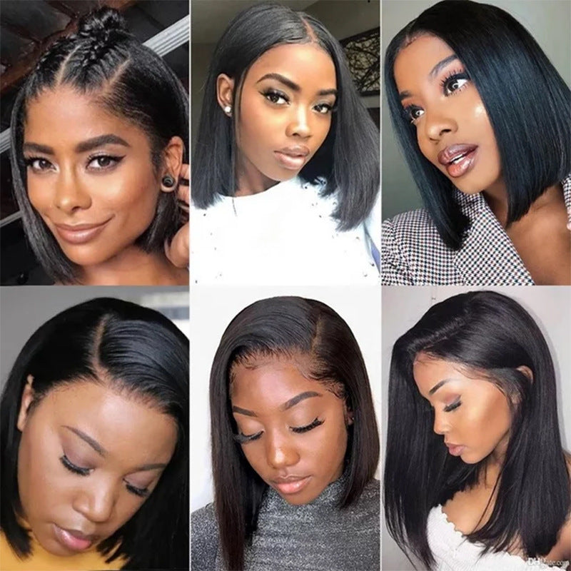 Split Front Lace Wig Black Short Straight Synthetic