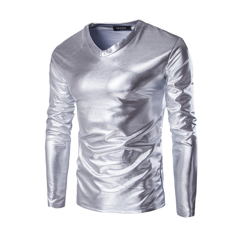 Night Club Trend Metallic Gold Tops Men Veste Homme Fashion V Neck Long Sleeve Lightweight Tees Baseball Bomber 115