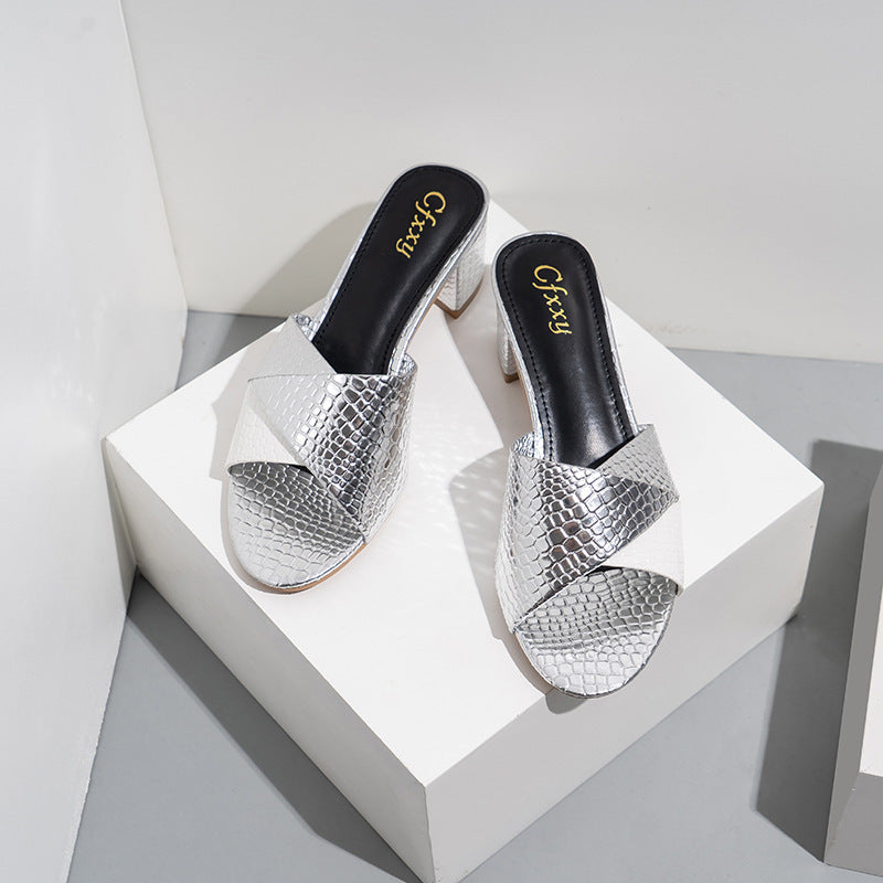 Womens Fashion High Heel Sandals Black Silver 6 to 8 cm