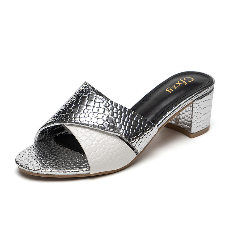 Womens Fashion High Heel Sandals Black Silver 6 to 8 cm