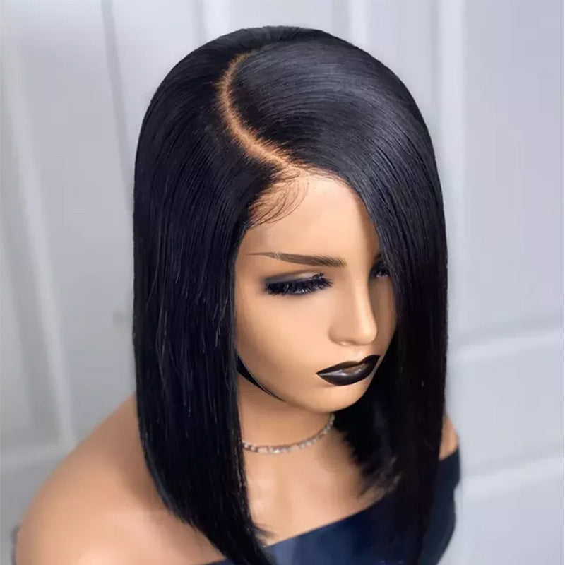 Split Front Lace Wig Black Short Straight Synthetic