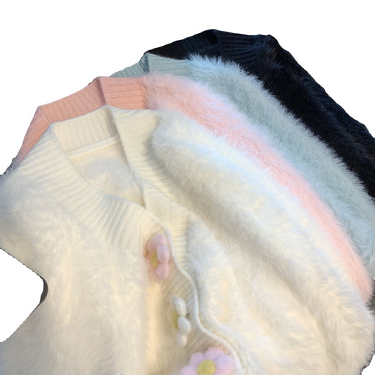 Women's Mink Fur Knitted Three-dimensional Flower V-neck Sweater Coat