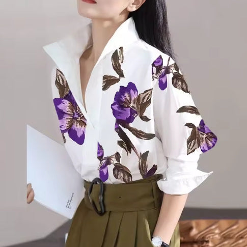Long Sleeve And Loose Print Top Stand Collar Shirt