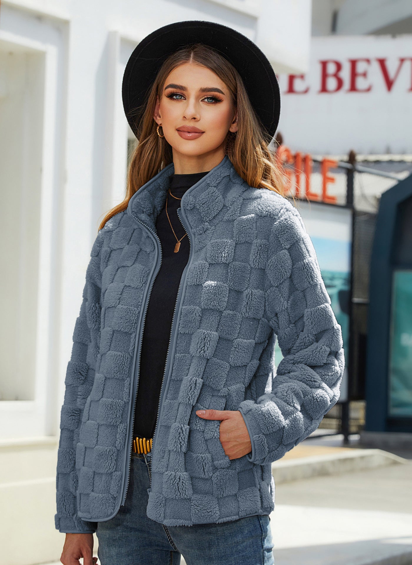 Loose Solid Color Plaid Plush Coat