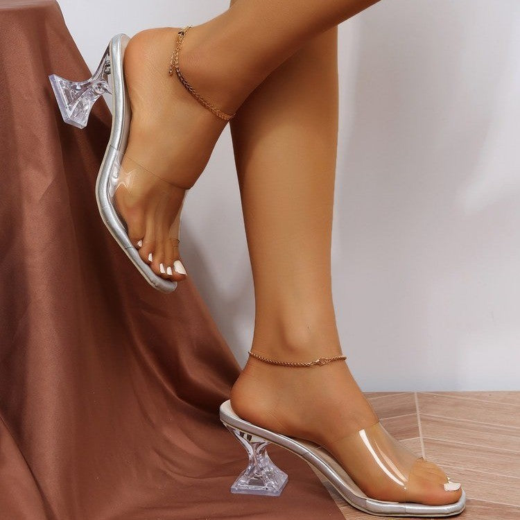 Plus Size High Heel Sandals Transparent Strap Silver Summer