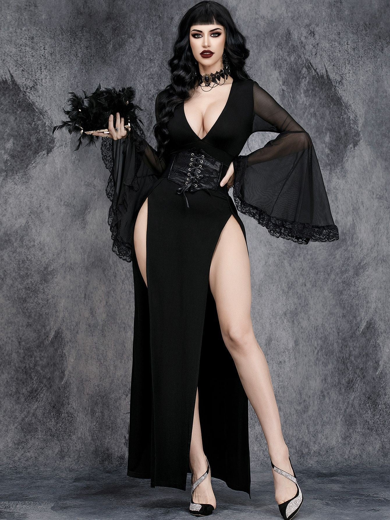 Gothic Dark Split Flare Sleeve Lace Stitching Dress