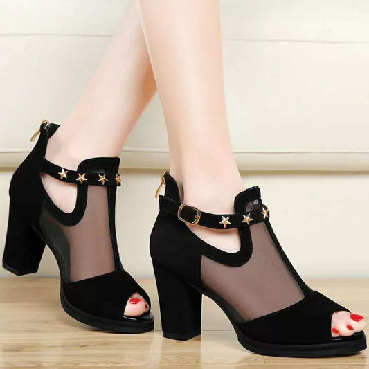 Women's Fashion Mid Heel Sandals Goatskin Upper Rubber Sole