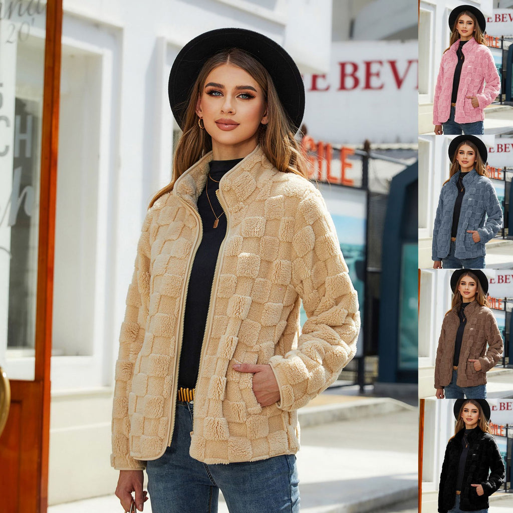 Loose Solid Color Plaid Plush Coat