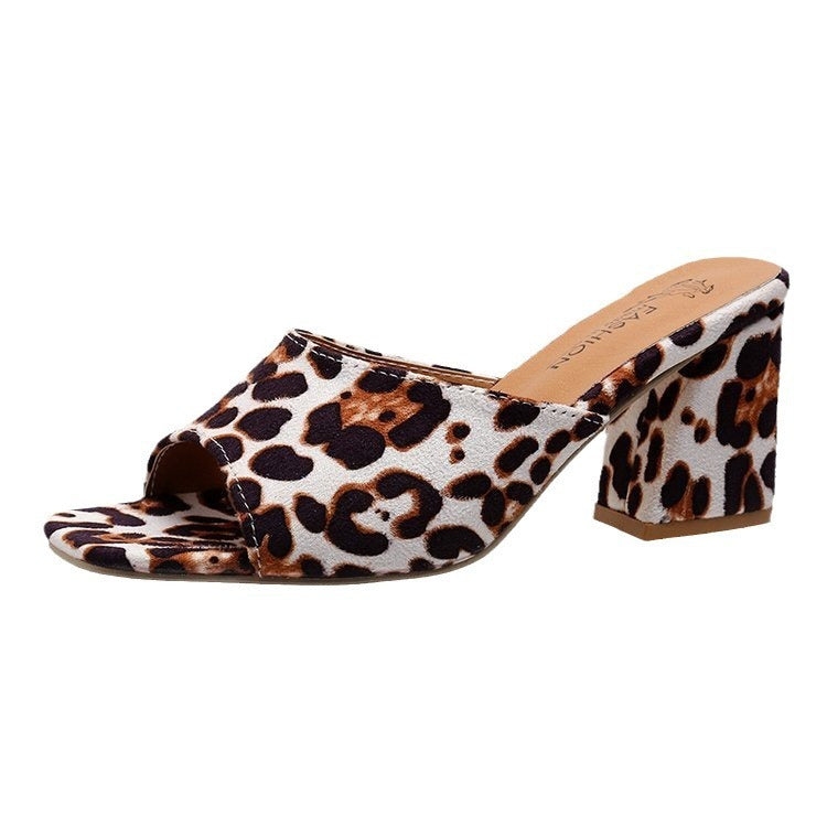 Leopard Square Toe Sandals High Heel Chunky Women Shoes