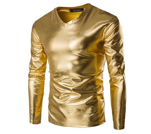 Night Club Trend Metallic Gold Tops Men Veste Homme Fashion V Neck Long Sleeve Lightweight Tees Baseball Bomber 115