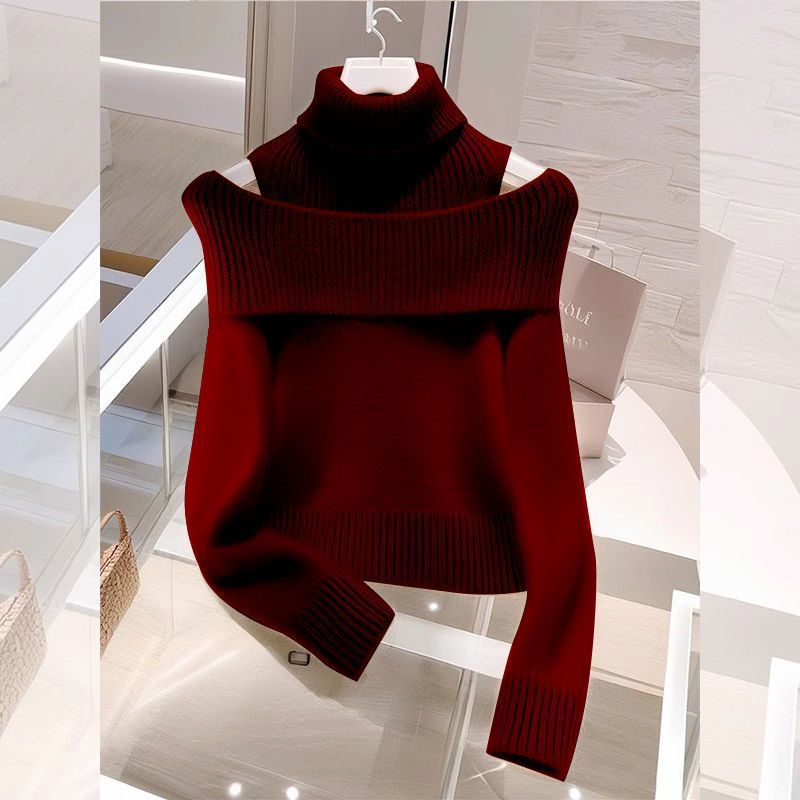 Soft Glutinous Idle Style Off-the-shoulder Bulky Turtleneck In Apricot Sweater