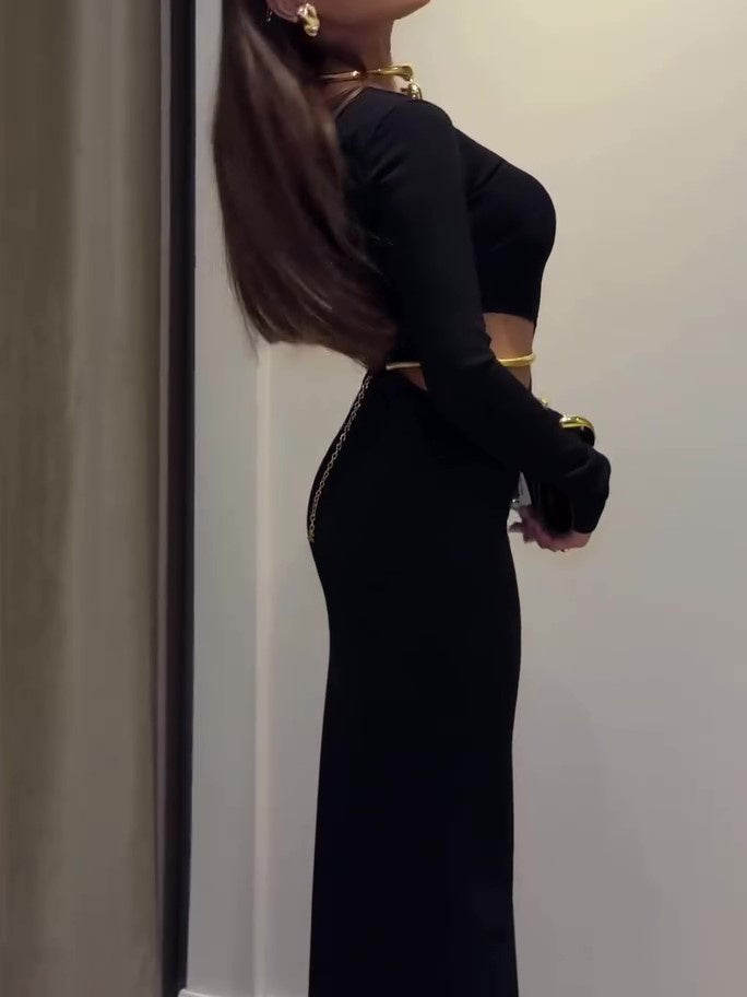 Black Cutout Waist Long-Sleeve Maxi Dress