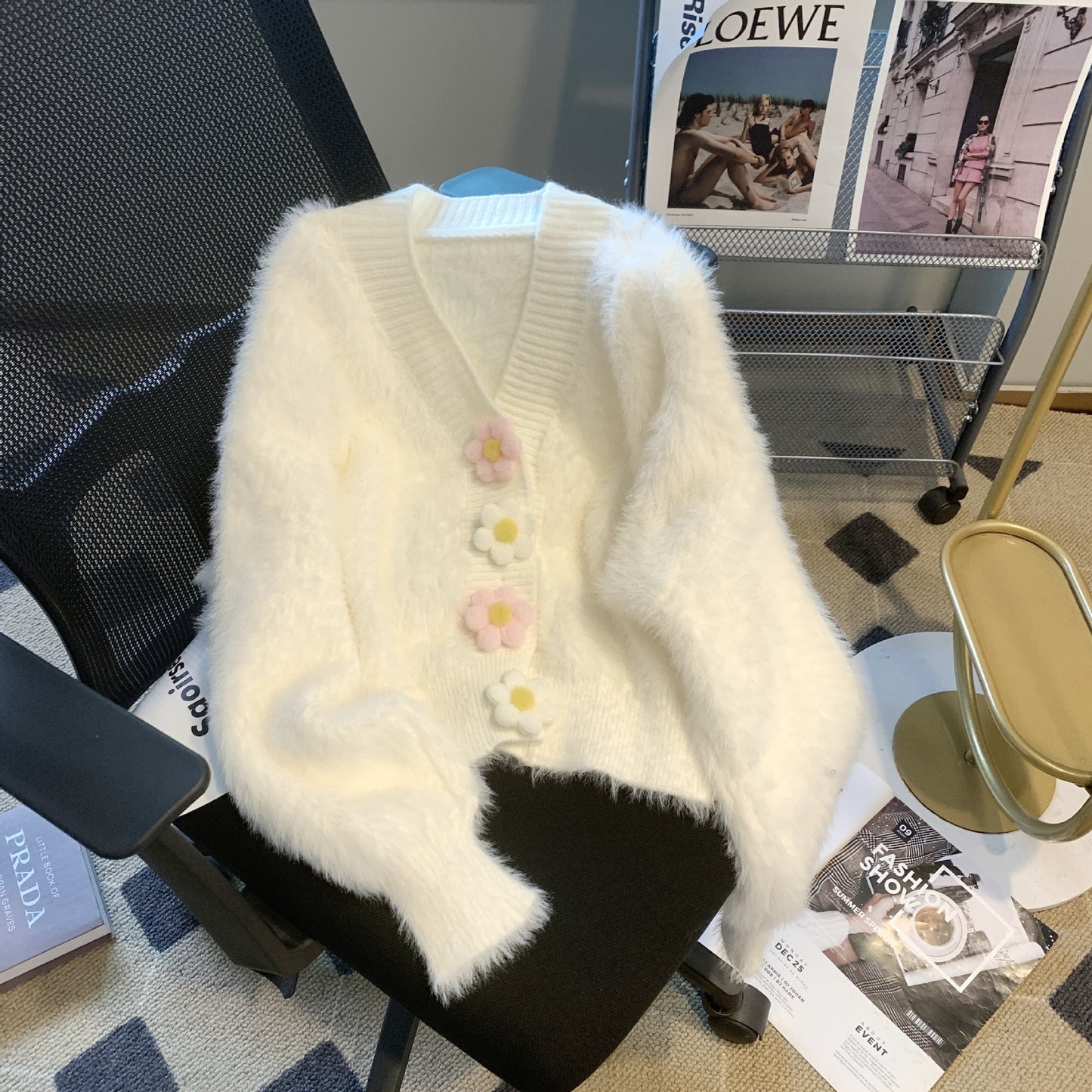 Women's Mink Fur Knitted Three-dimensional Flower V-neck Sweater Coat