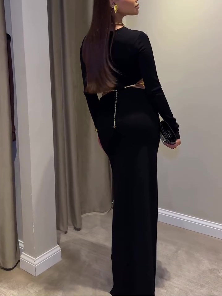 Black Cutout Waist Long-Sleeve Maxi Dress