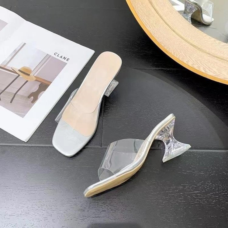Plus Size High Heel Sandals Transparent Strap Silver Summer