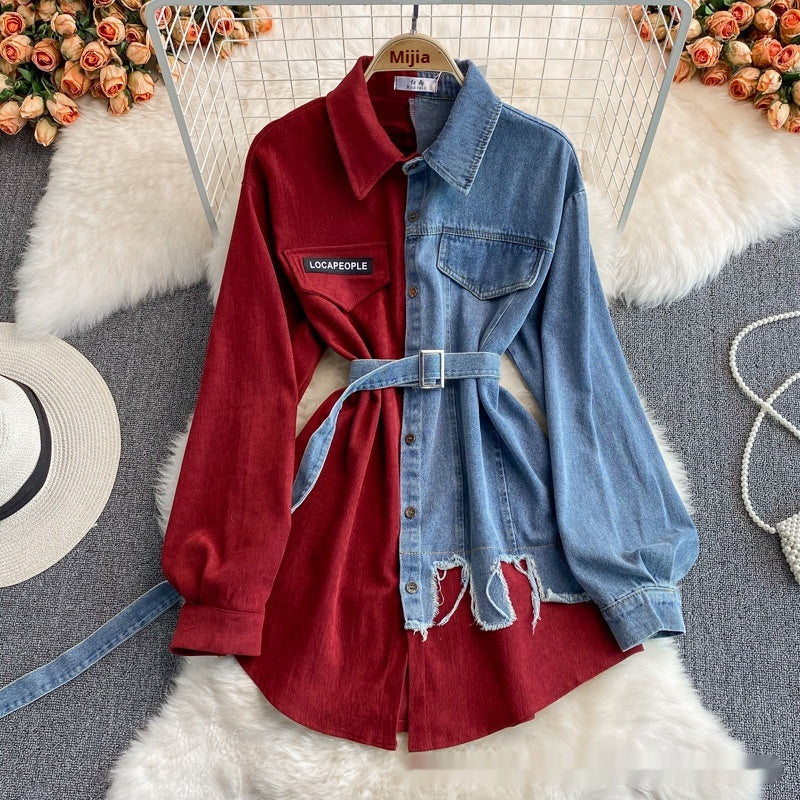 Denim Stitching Lapel Dress Waist Slimming Mid-length Shirt