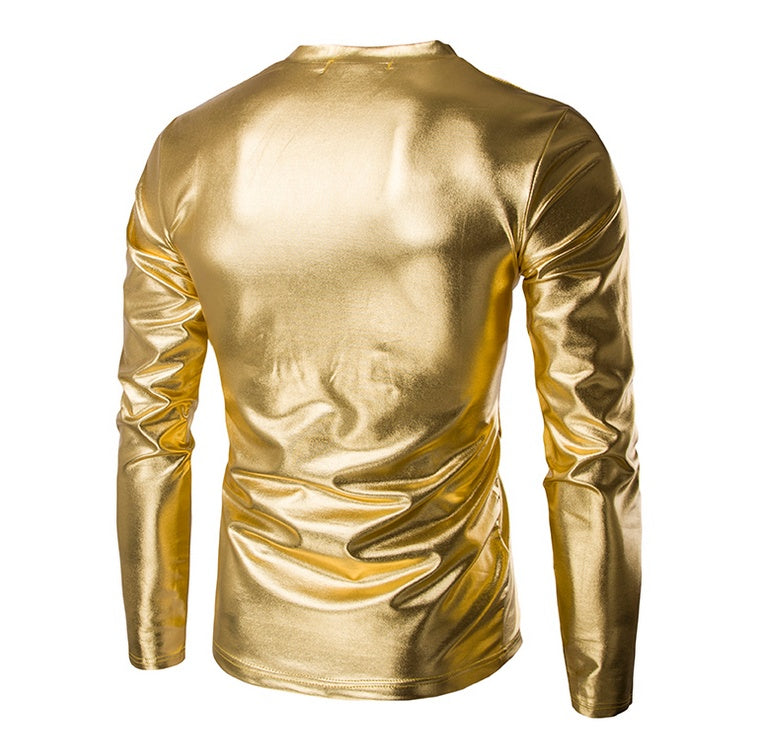 Night Club Trend Metallic Gold Tops Men Veste Homme Fashion V Neck Long Sleeve Lightweight Tees Baseball Bomber 115