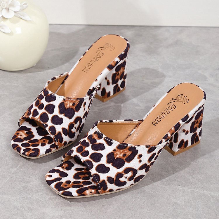Leopard Square Toe Sandals High Heel Chunky Women Shoes