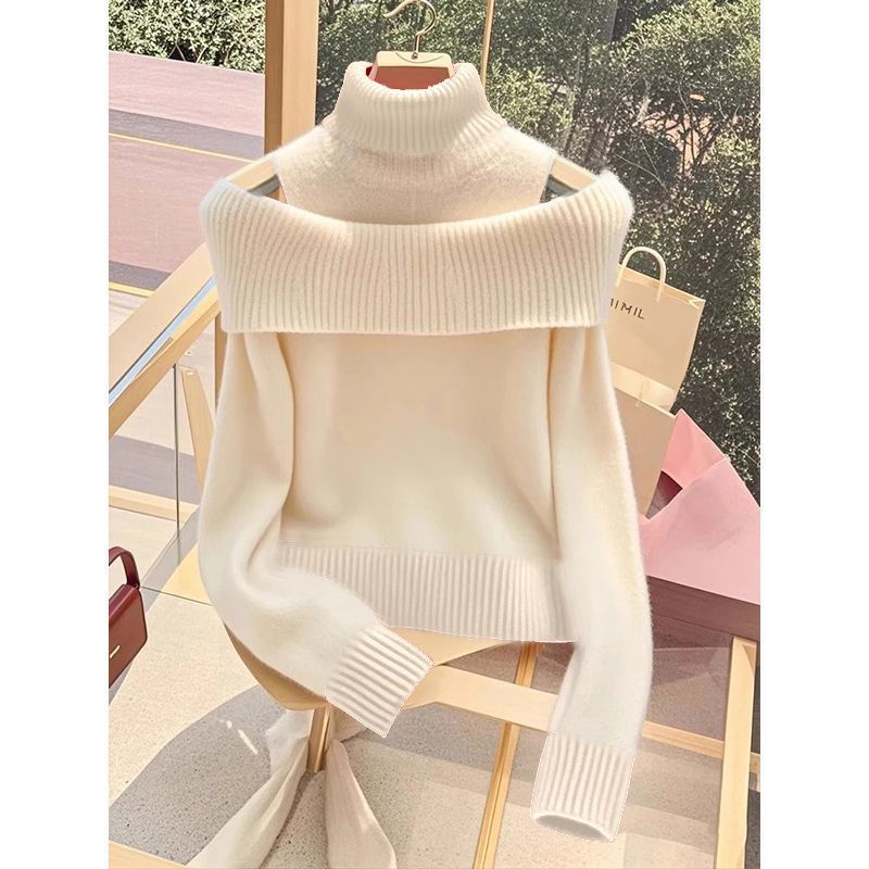 Soft Glutinous Idle Style Off-the-shoulder Bulky Turtleneck In Apricot Sweater