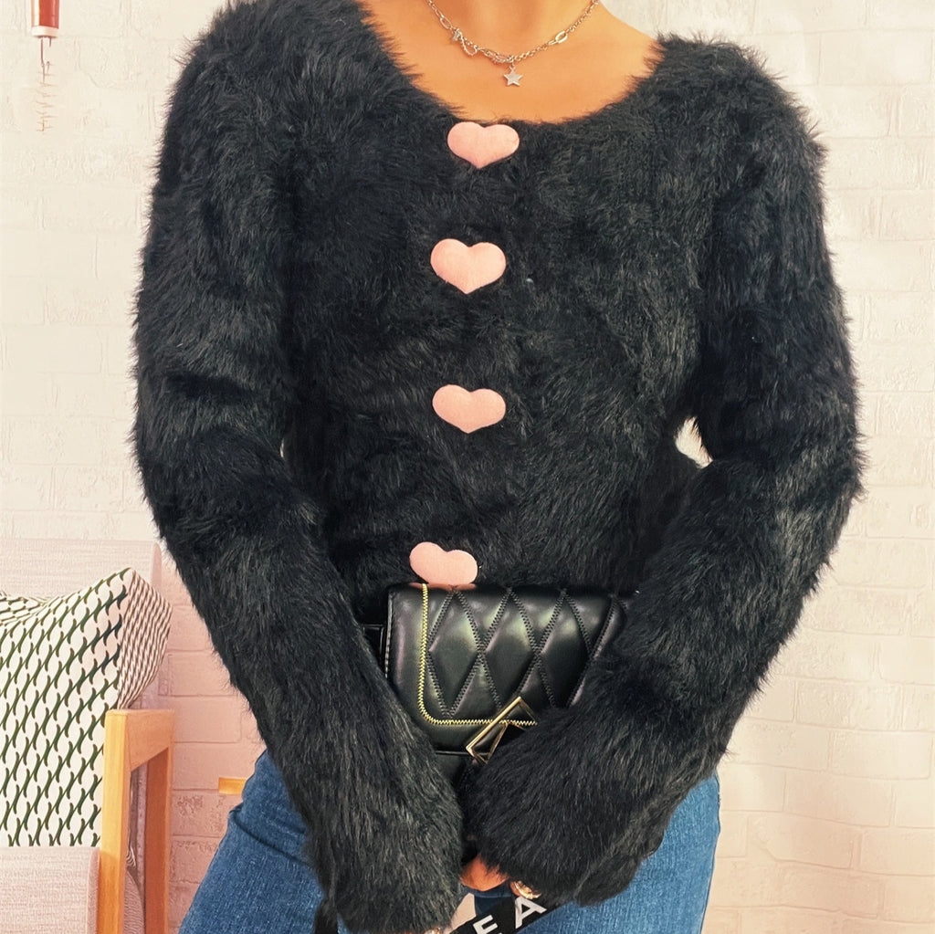 Commuter Cute Heart Button Solid Color Mink-like Knitted Cardigan Sweater