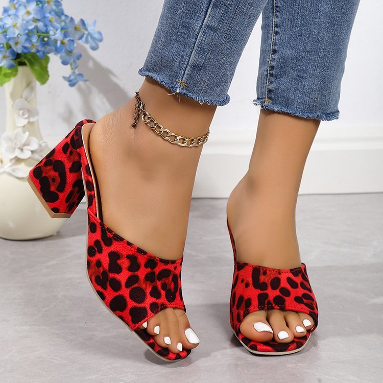 Leopard Square Toe Sandals High Heel Chunky Women Shoes