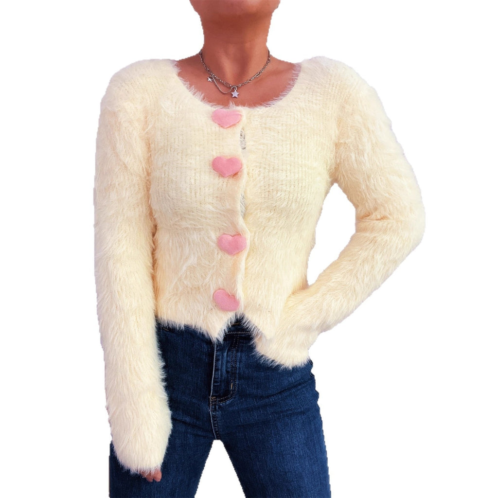 Commuter Cute Heart Button Solid Color Mink-like Knitted Cardigan Sweater