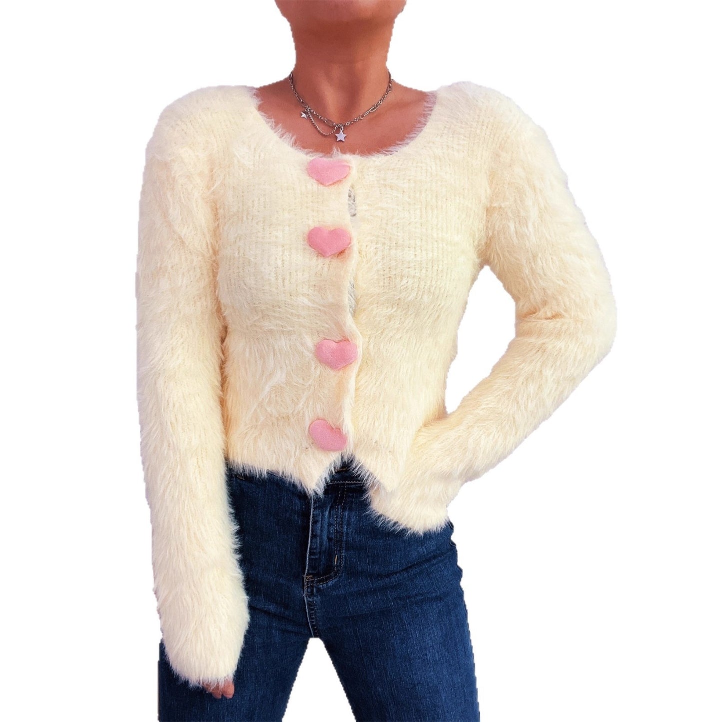 Commuter Cute Heart Button Solid Color Mink-like Knitted Cardigan Sweater