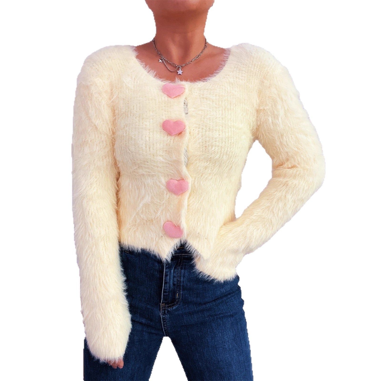 Commuter Cute Heart Button Solid Color Mink-like Knitted Cardigan Sweater
