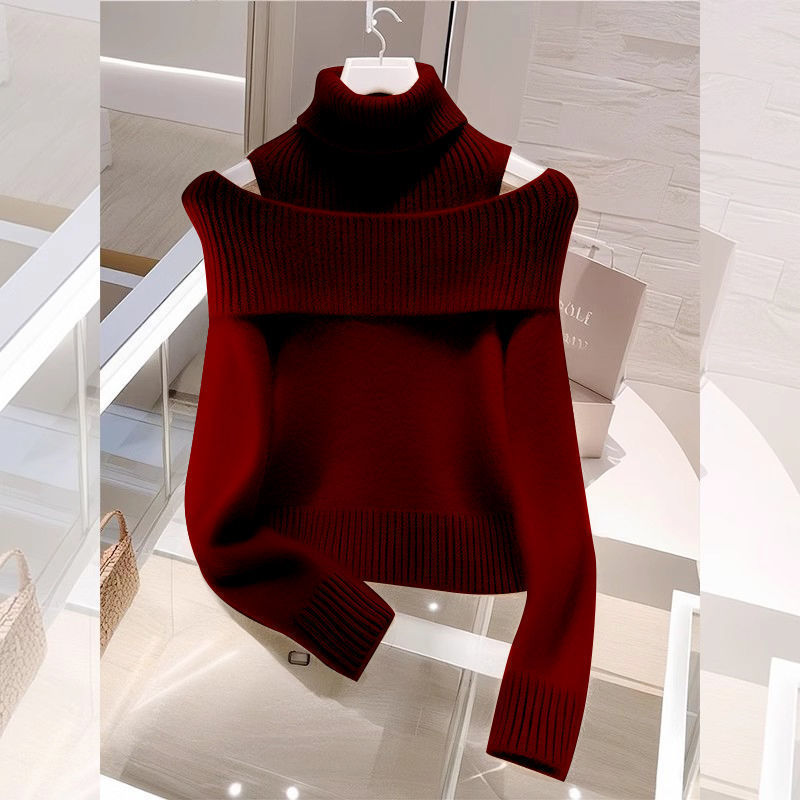 Soft Glutinous Idle Style Off-the-shoulder Bulky Turtleneck In Apricot Sweater