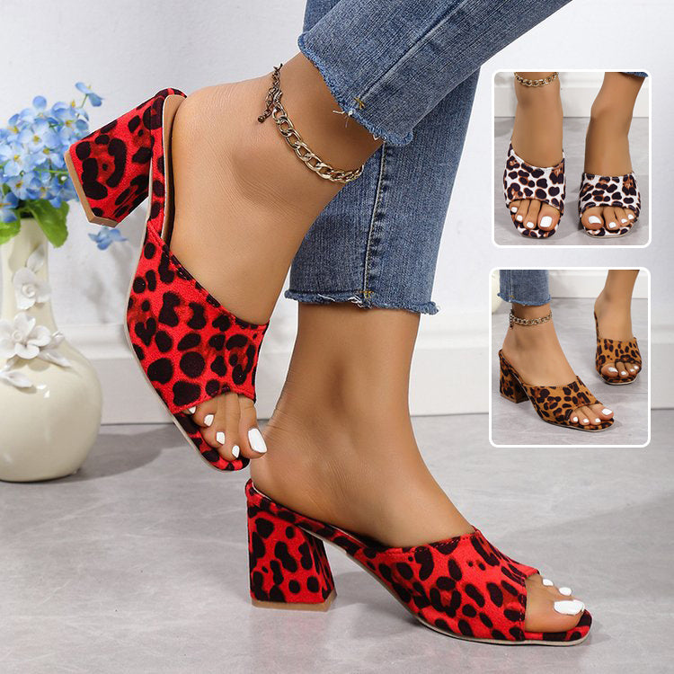 Leopard Square Toe Sandals High Heel Chunky Women Shoes