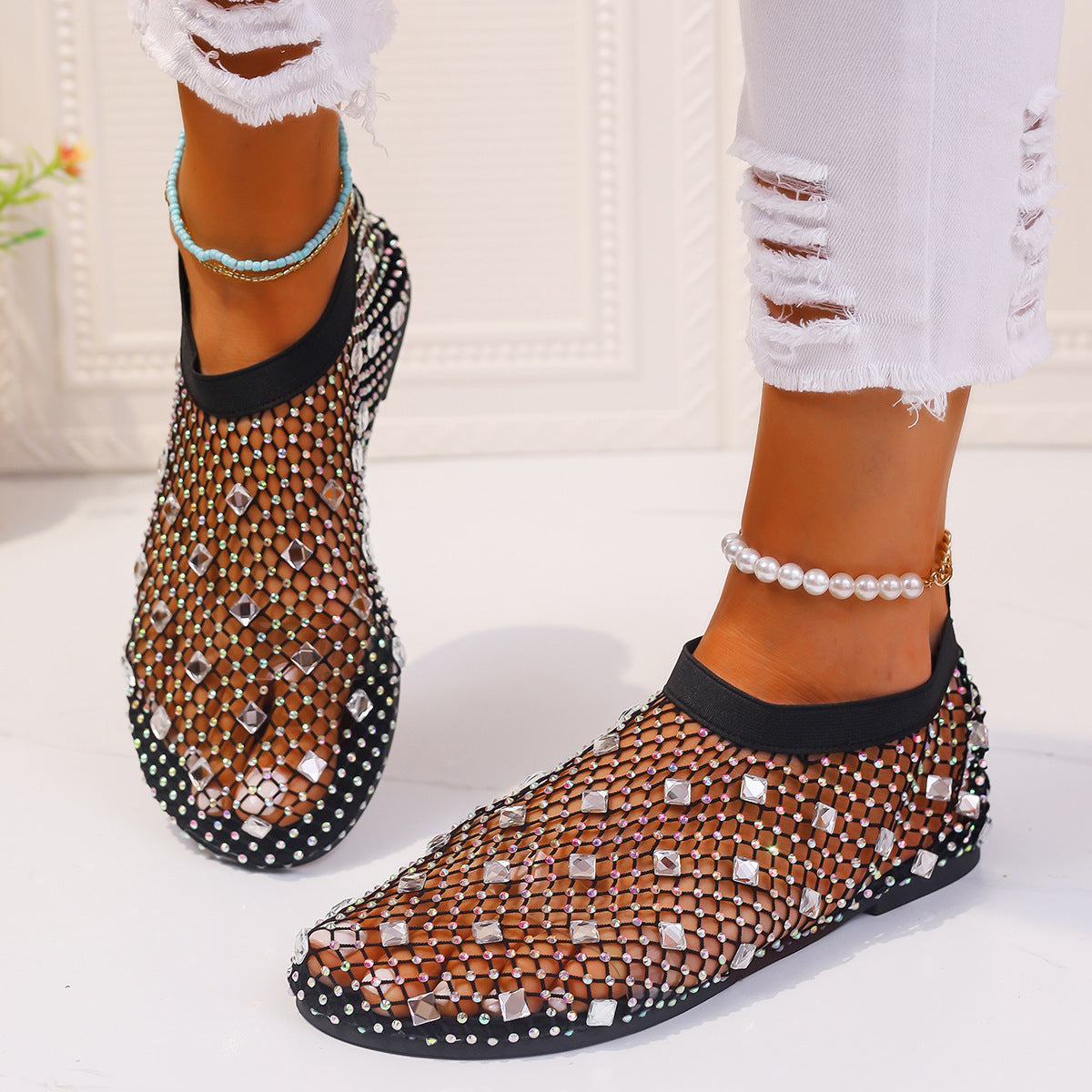 Summer Mesh Flat Sandals With Rhinestones For Women