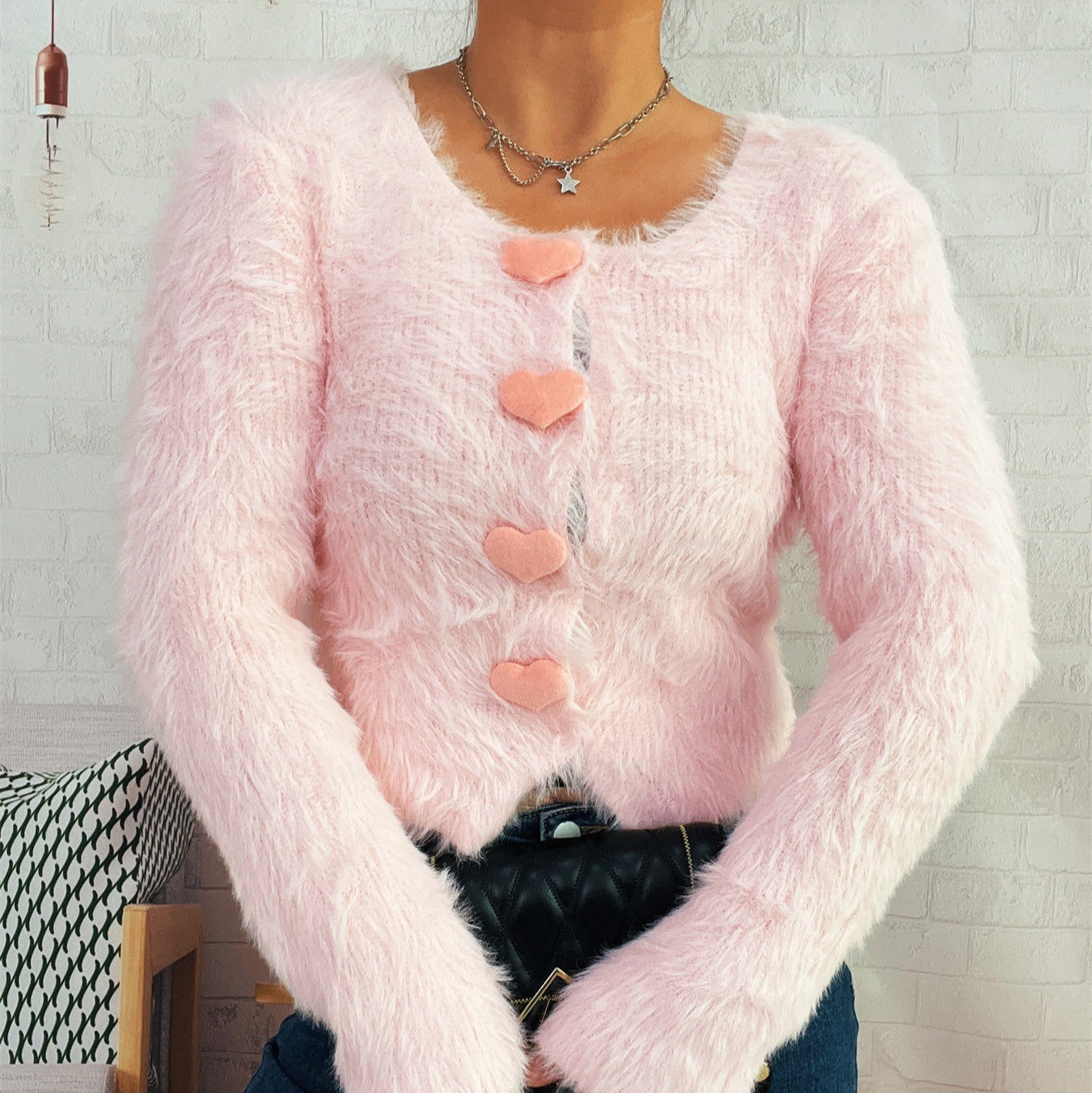 Commuter Cute Heart Button Solid Color Mink-like Knitted Cardigan Sweater