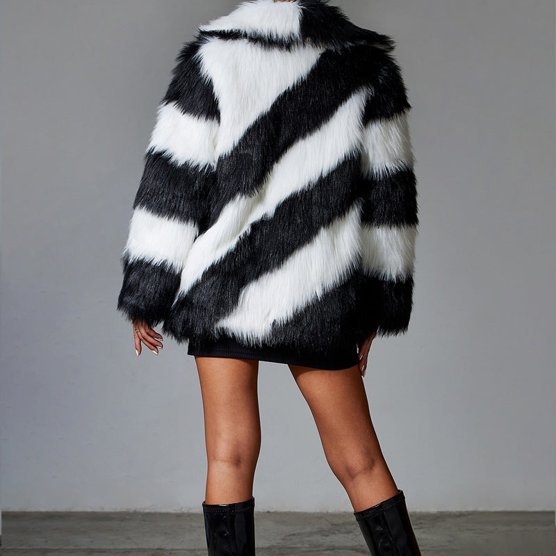 Lapel Contrast Color Minimalist Trendy Fur Coat