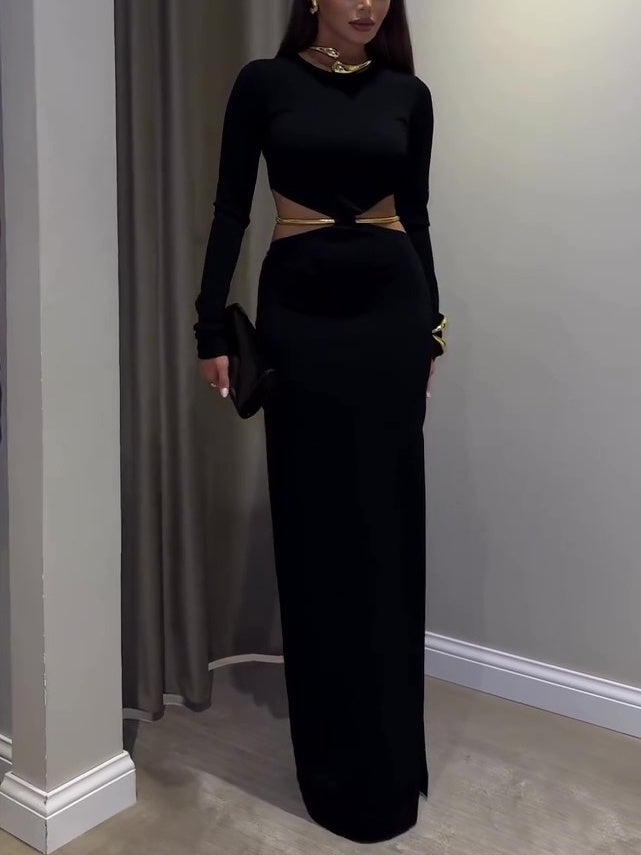 Black Cutout Waist Long-Sleeve Maxi Dress