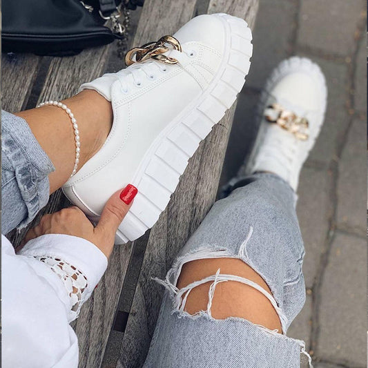 White Low Top Flat Casual Sneakers With Chain Detail