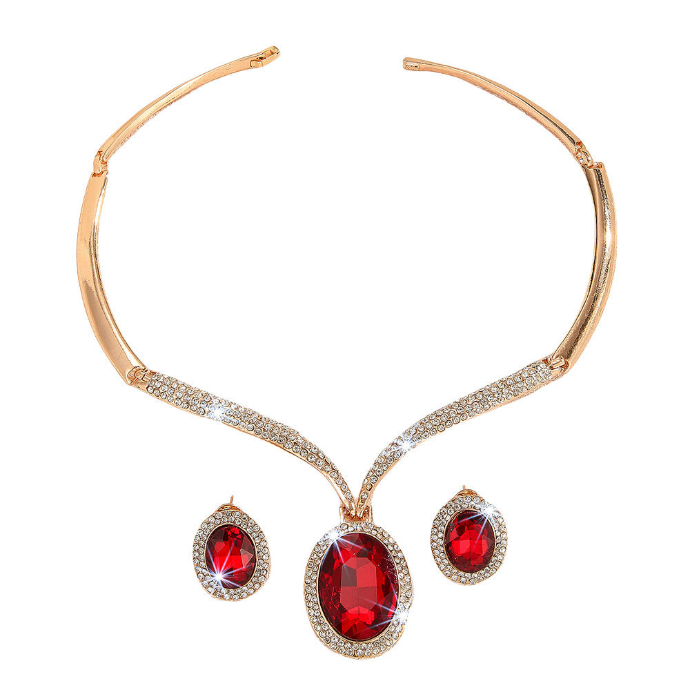 Gold Zinc Alloy Inlaid White Rhinestone Red Crystal Necklace And Earrings Suite
