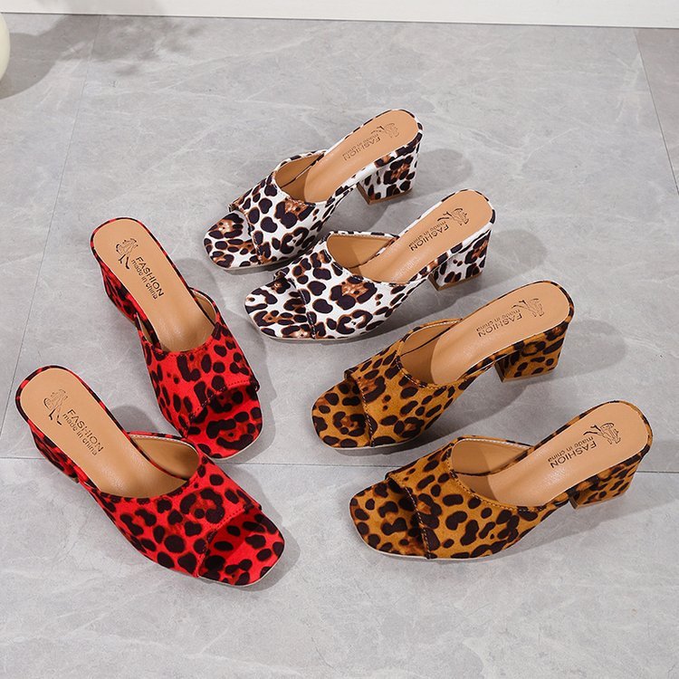 Leopard Square Toe Sandals High Heel Chunky Women Shoes