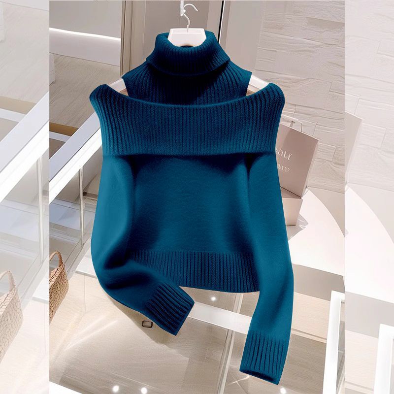Soft Glutinous Idle Style Off-the-shoulder Bulky Turtleneck In Apricot Sweater
