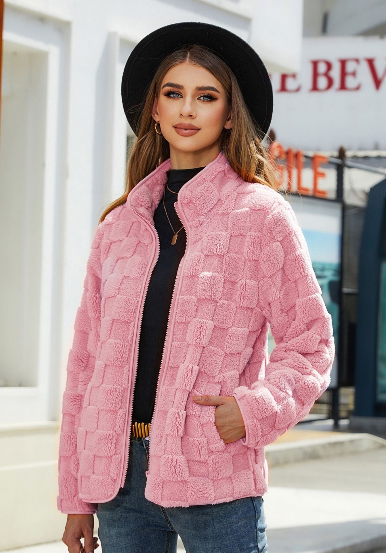 Loose Solid Color Plaid Plush Coat