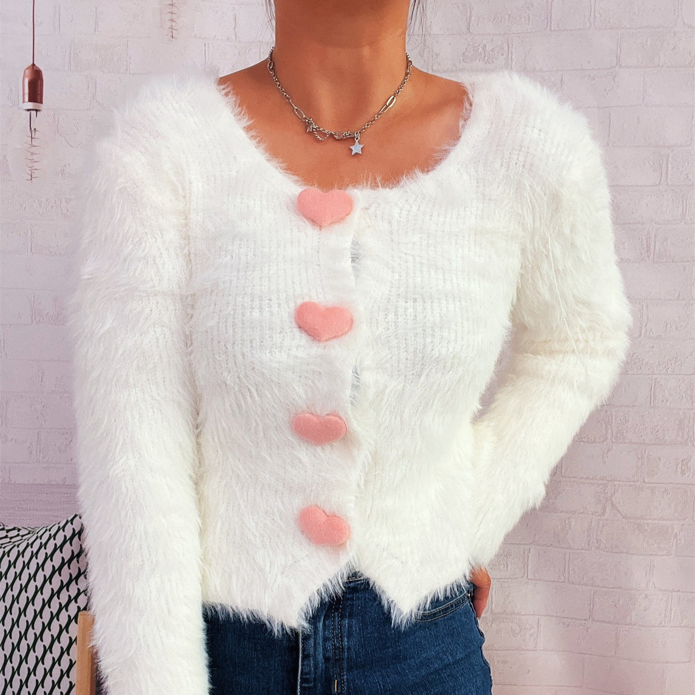Commuter Cute Heart Button Solid Color Mink-like Knitted Cardigan Sweater