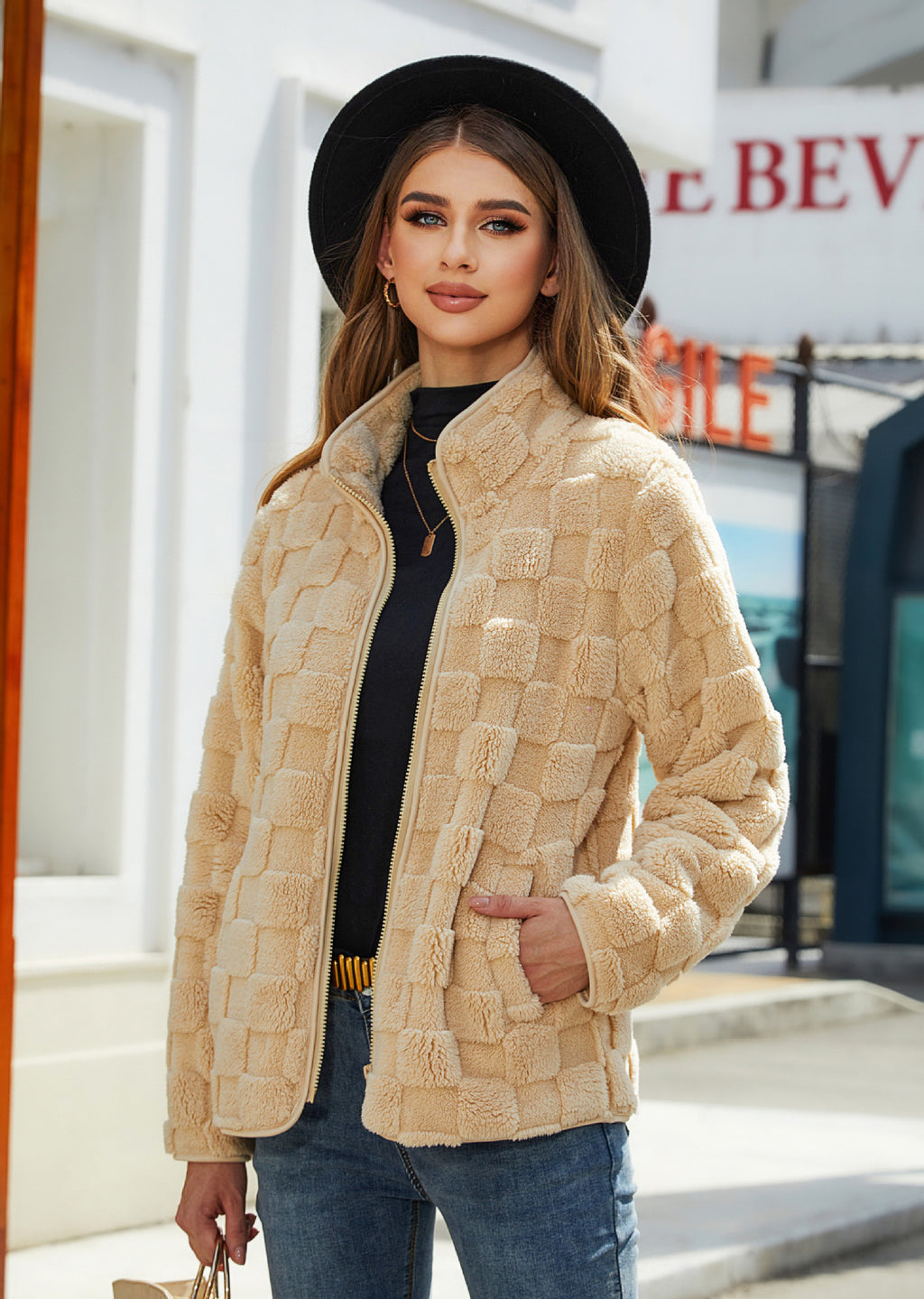 Loose Solid Color Plaid Plush Coat