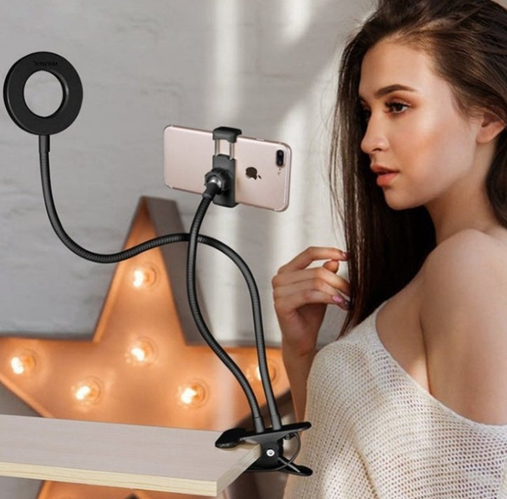 Anneau lumineux LED 8 cm avec support rotatif 360, 3 niveaux de couleur et 10 niveaux de luminosité - idéal pour le maquillage et les selfies- Modetcharme