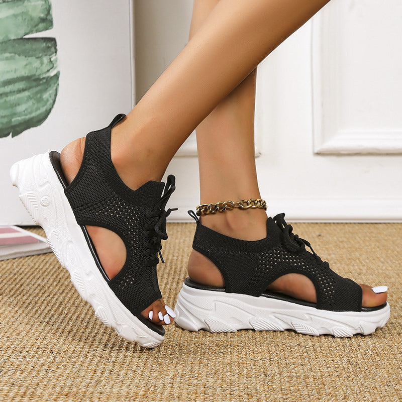 Lace Up Sandals Women Thick Mesh Soft Sole Summer Shoes