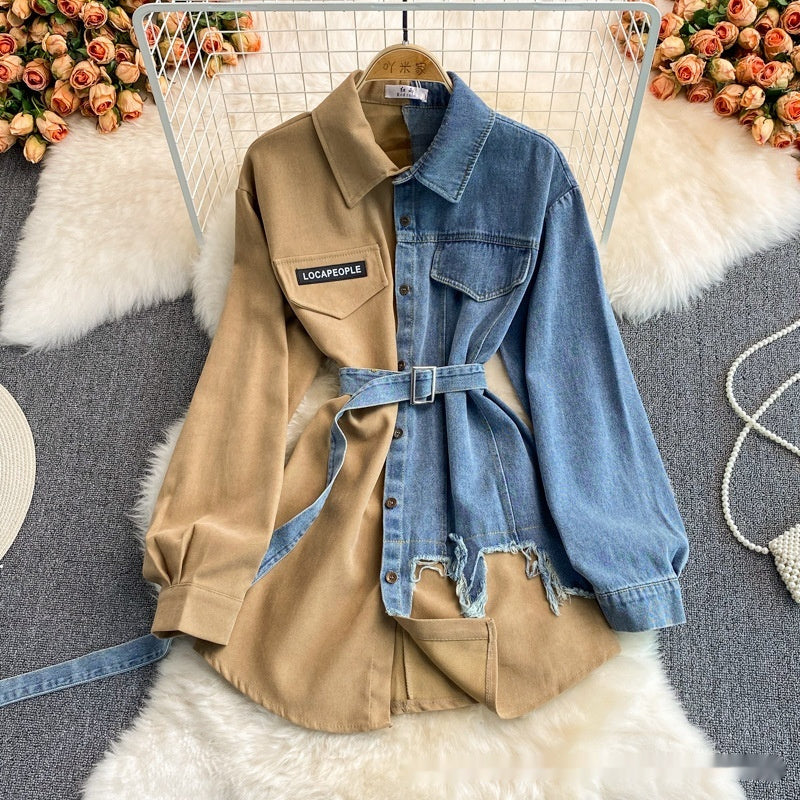 Denim Stitching Lapel Dress Waist Slimming Mid-length Shirt