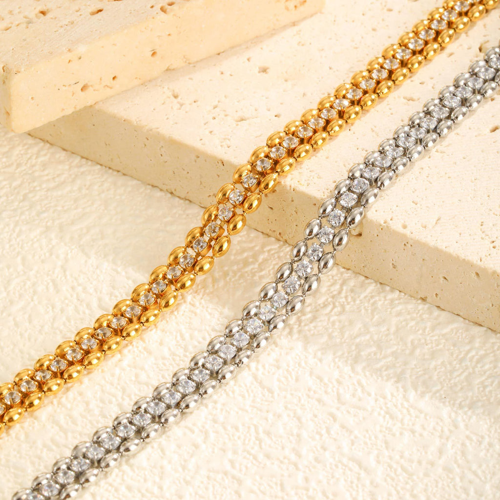 Fashion Stainless Steel Double Row Olive Beads White Zircon Bracelet