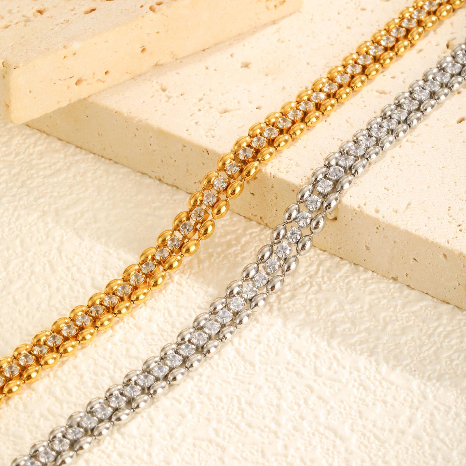 Fashion Stainless Steel Double Row Olive Beads White Zircon Bracelet