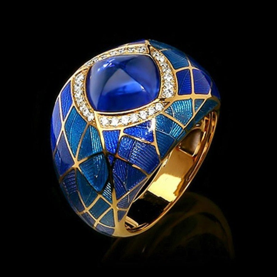 Fashion Blue Gem Inlaid Zirconium Rhinestone Ring Vintage Dripping Oil